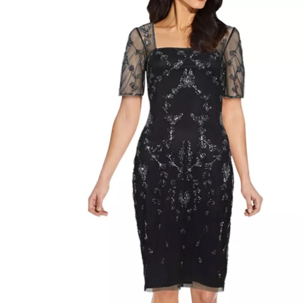 Adrianna Papell - Mesh-Sleeve Beaded Dress - Picture 1 of 13